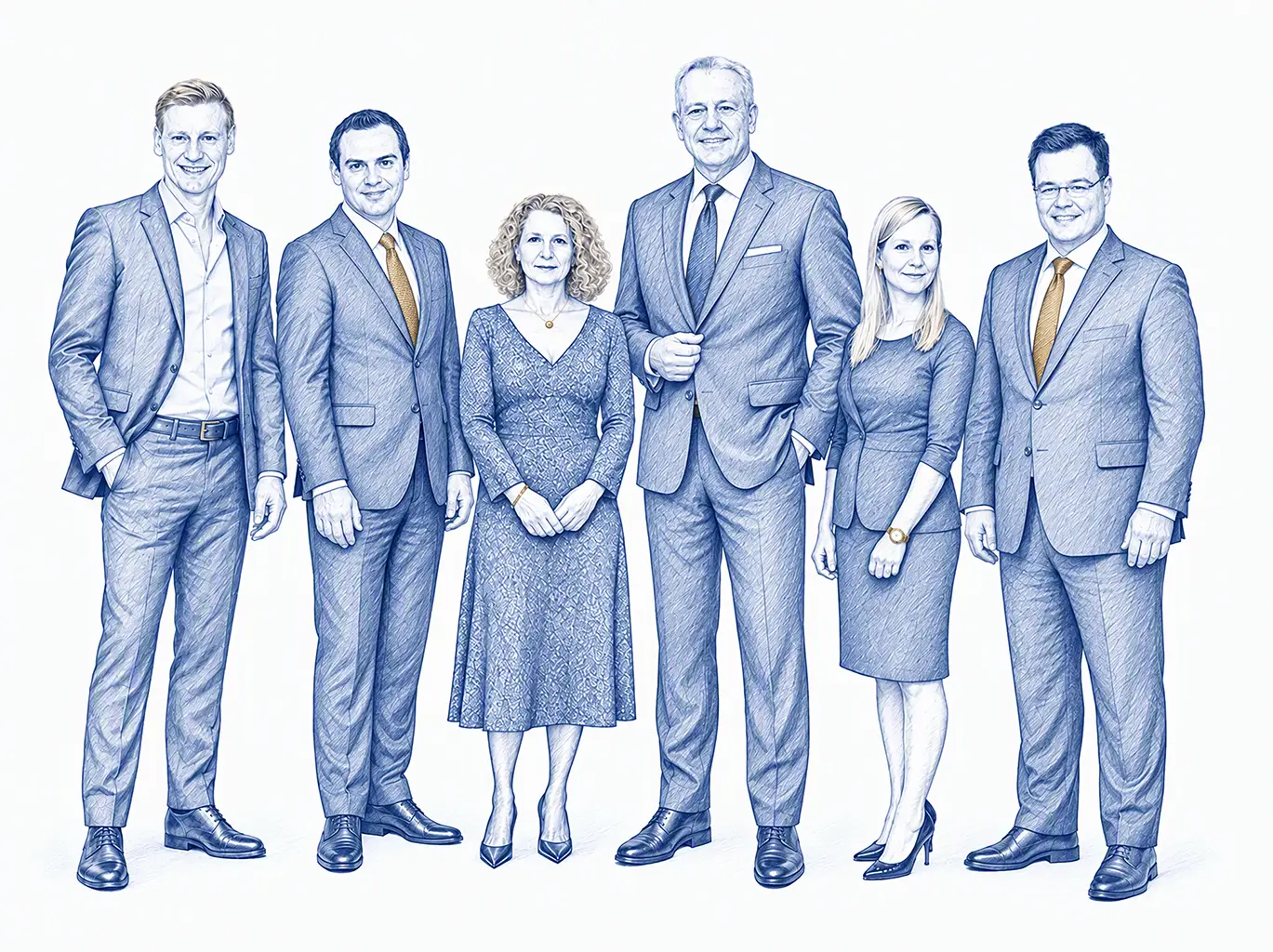 Blue drawing of the six-person Notare im Donauzentrum team with subtle gold accents